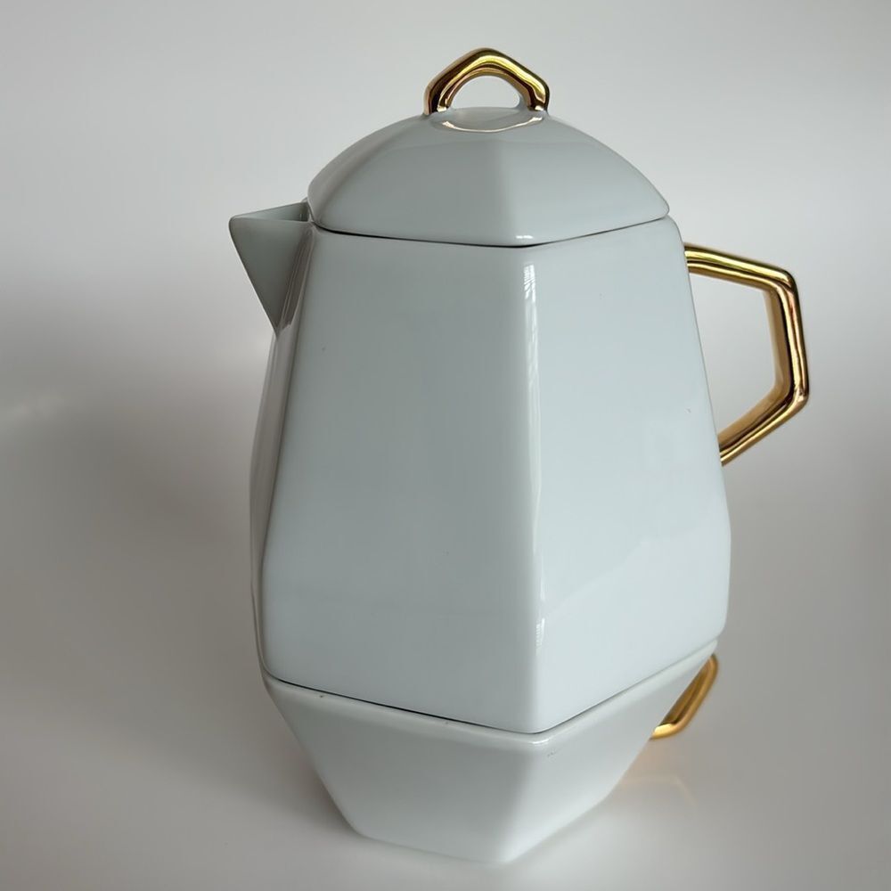 CB2 White Hexagonal Stacking Teapot Cup Gold Trim Tea For One - Picture 4 of 11